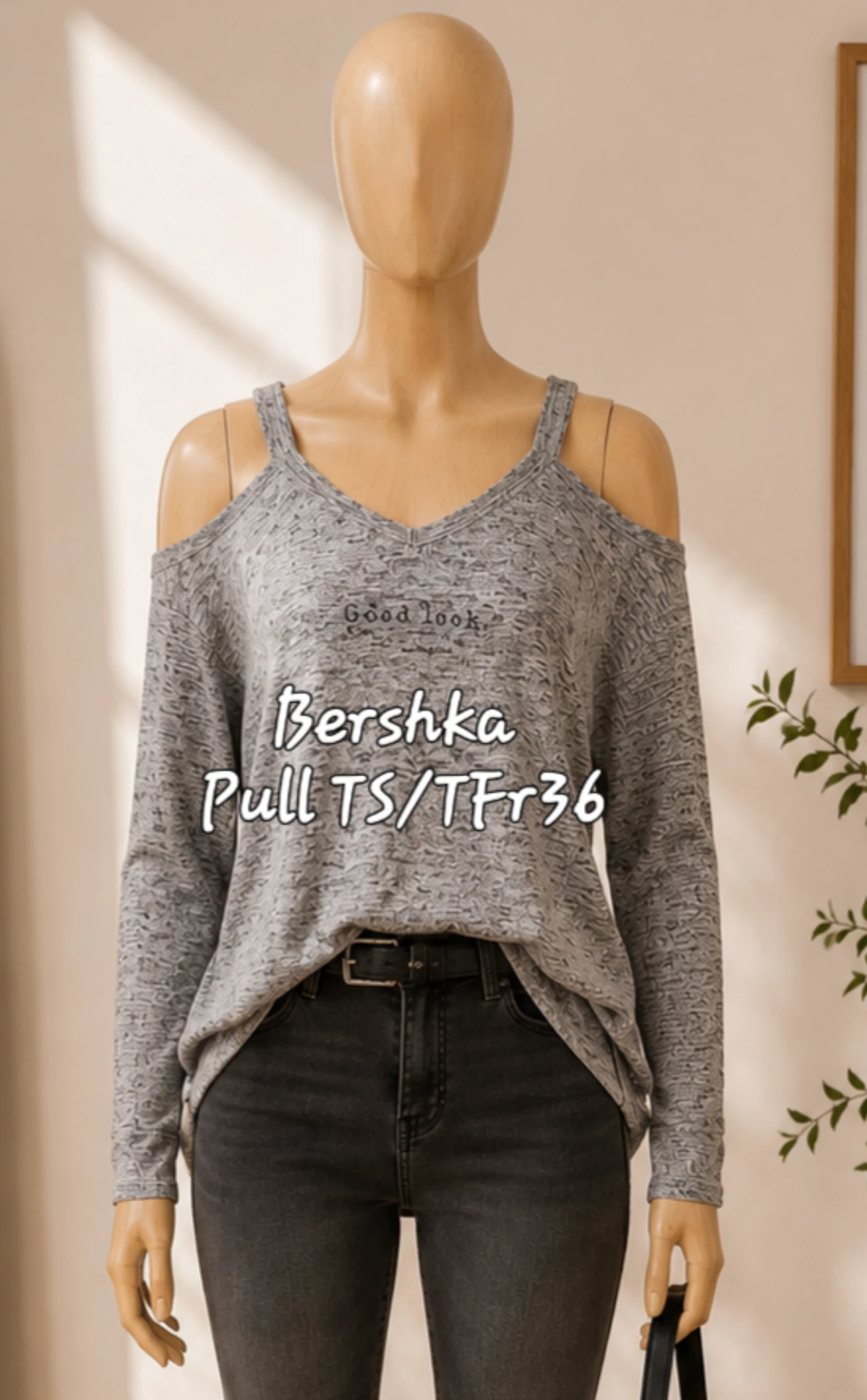 Bershka Pull TS/TFr36 - Gris Chiné- Léger-Epaules Dénudées & Tombe sur les fesses en TBE